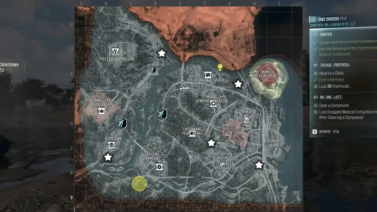The in-game DMZ map with the locations of the five lieutenant towers marked with a star.