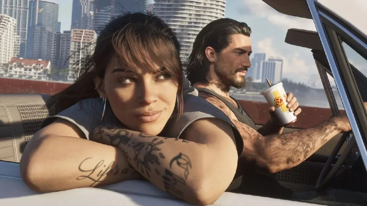 Jason and Lucia in a car in Grand Theft Auto 6