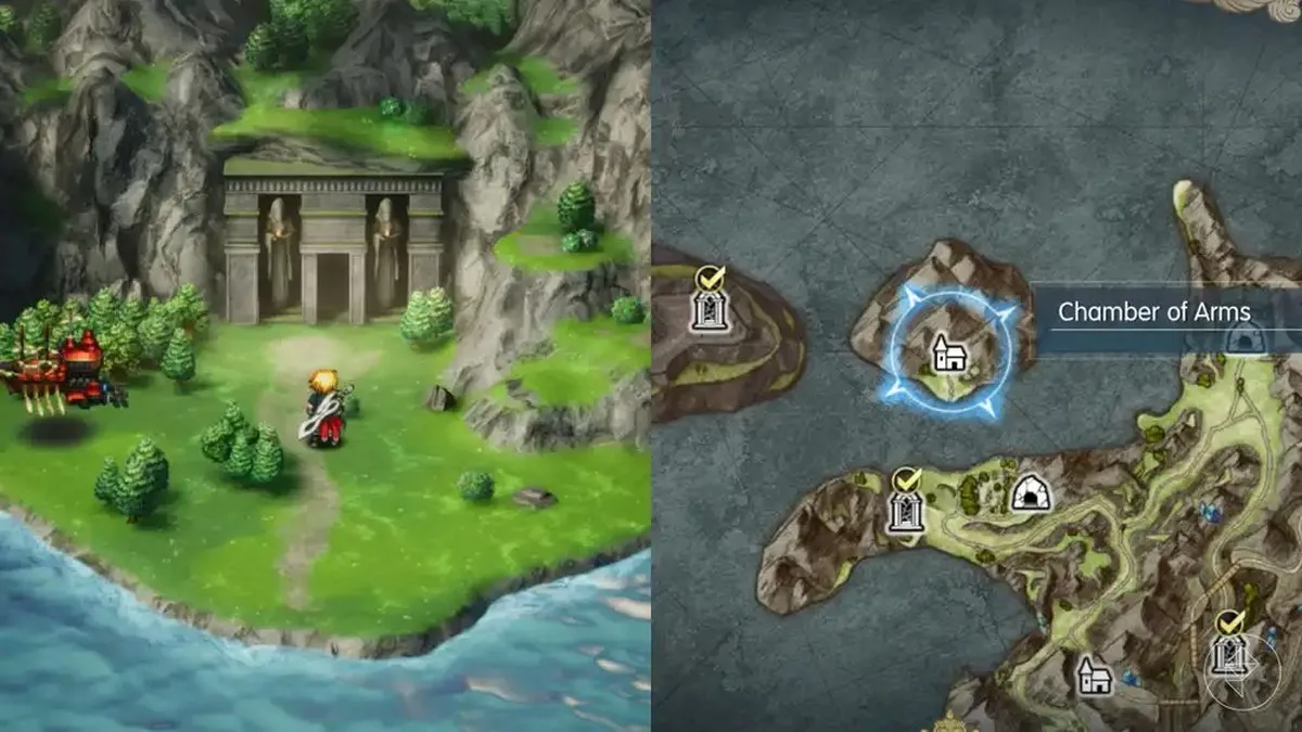 A split map showing Rain standing in front of a temple in Final Fantasy Resonance
