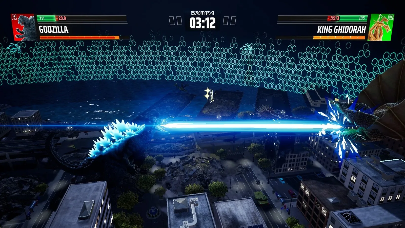 Godzilla firing his atomic breath at King Ghidorah.