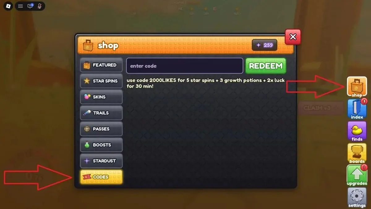 Codes redemption menu displayed in Roblox Roll the World.