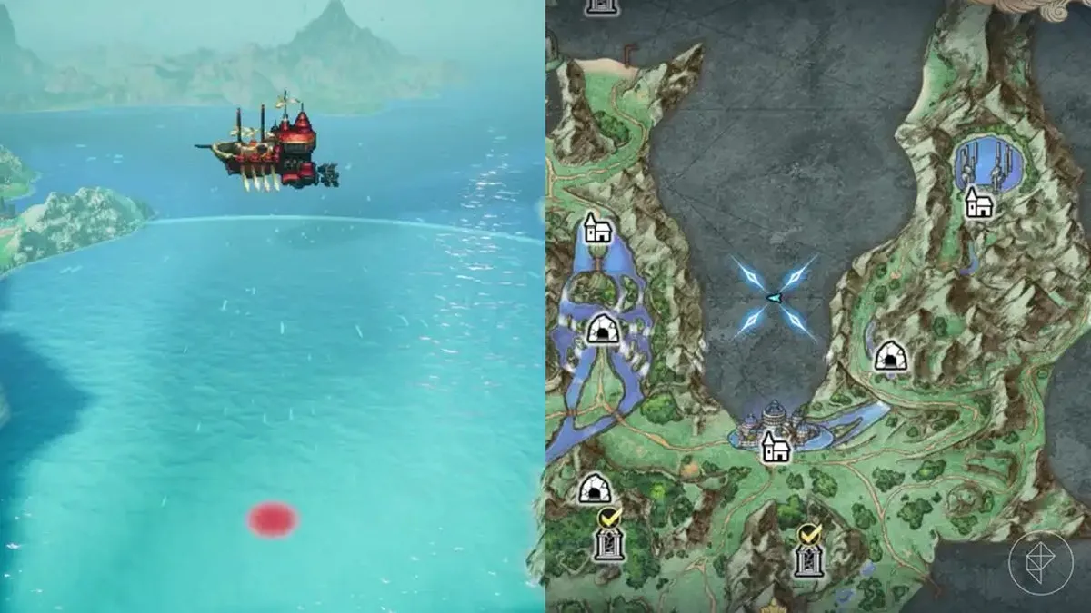 An airship above the water in Olderion in Final Fantasy Resonance.