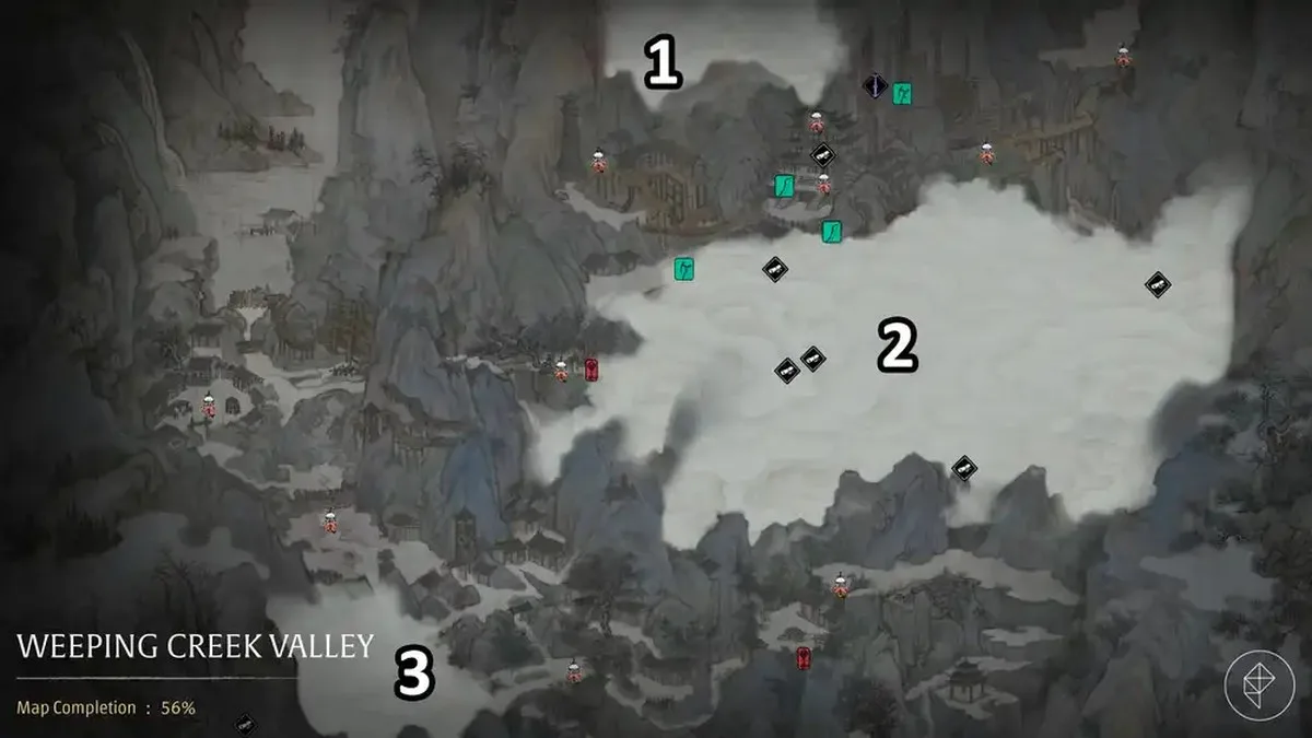 The three shrouded areas on the Weeping Creek Valley map in Phantom Blade Zero.