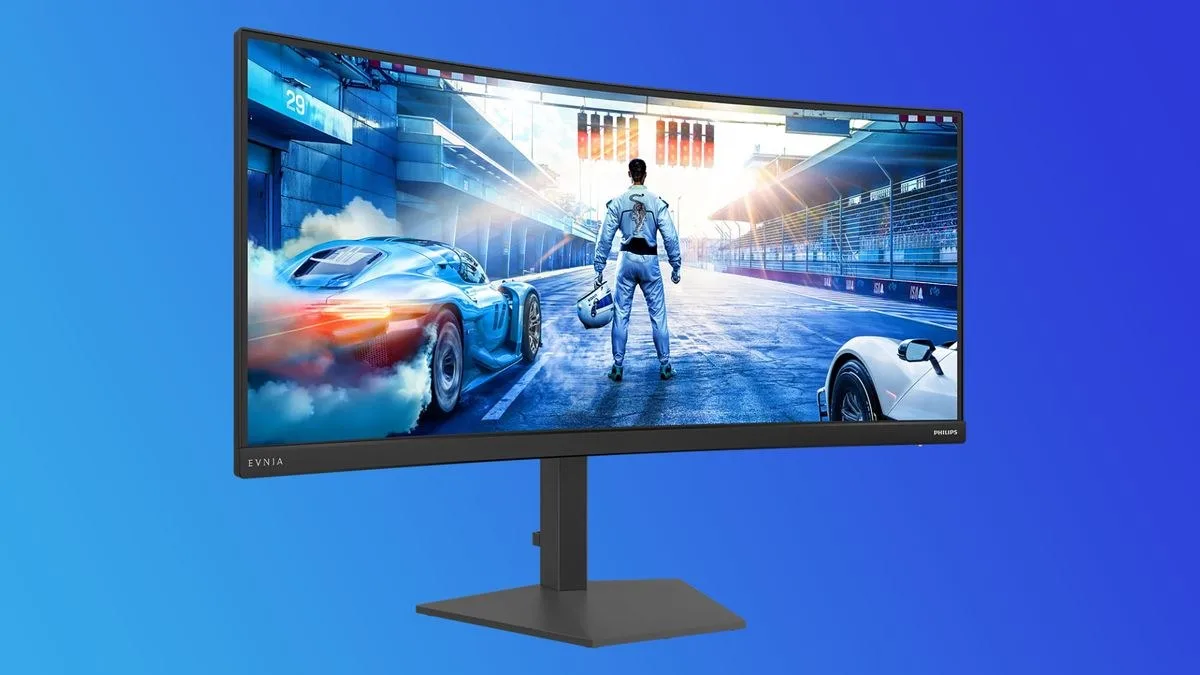 A Philips Evnia 36M4C5500P 36-inch ultrawide gaming monitor on a blue background