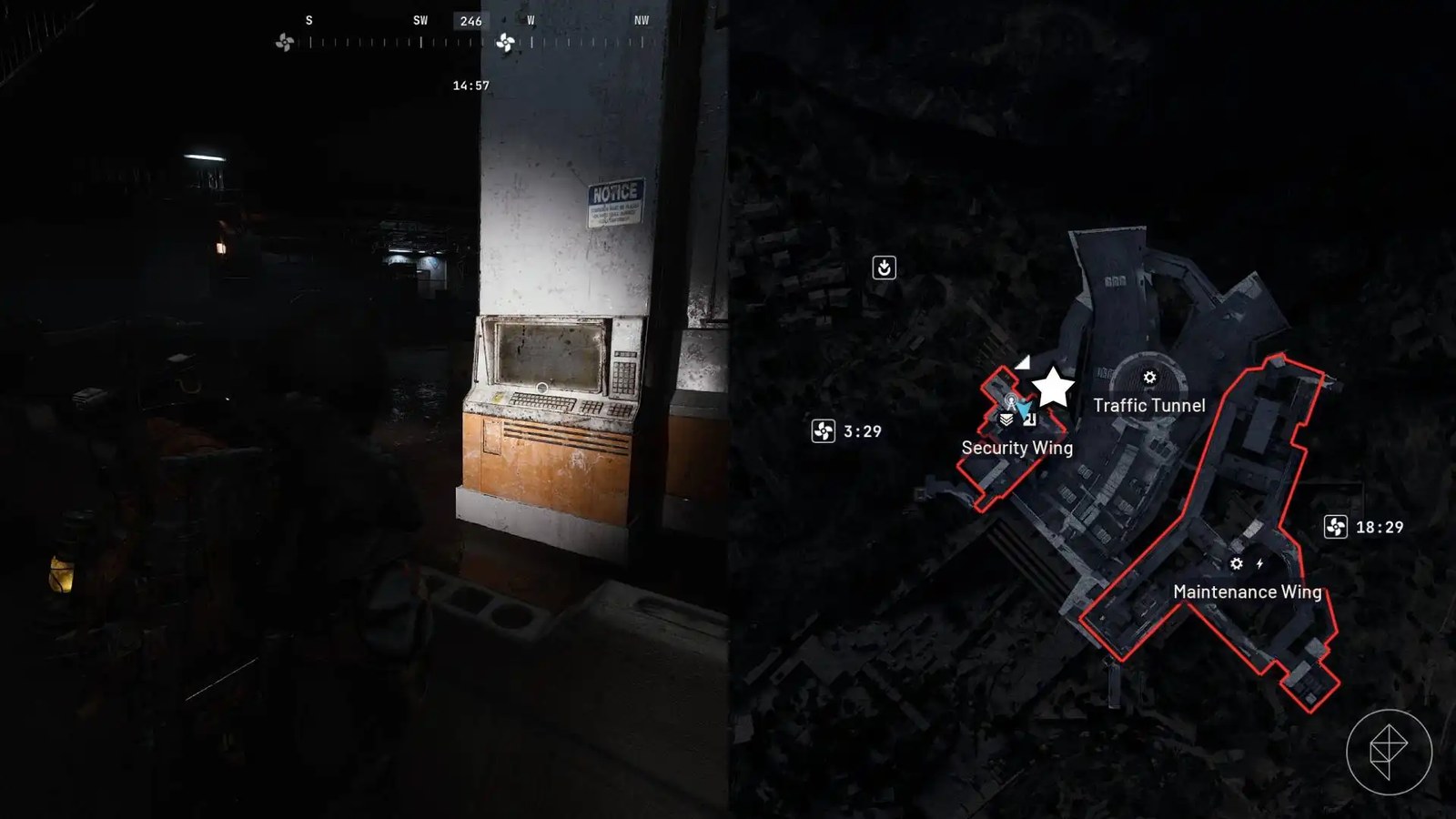 The left-hand side of the image shows the player standing by the terminal at the weighing station in Arc Raiders while the right-hand side of the image shows the in-game map with the location highlighted.