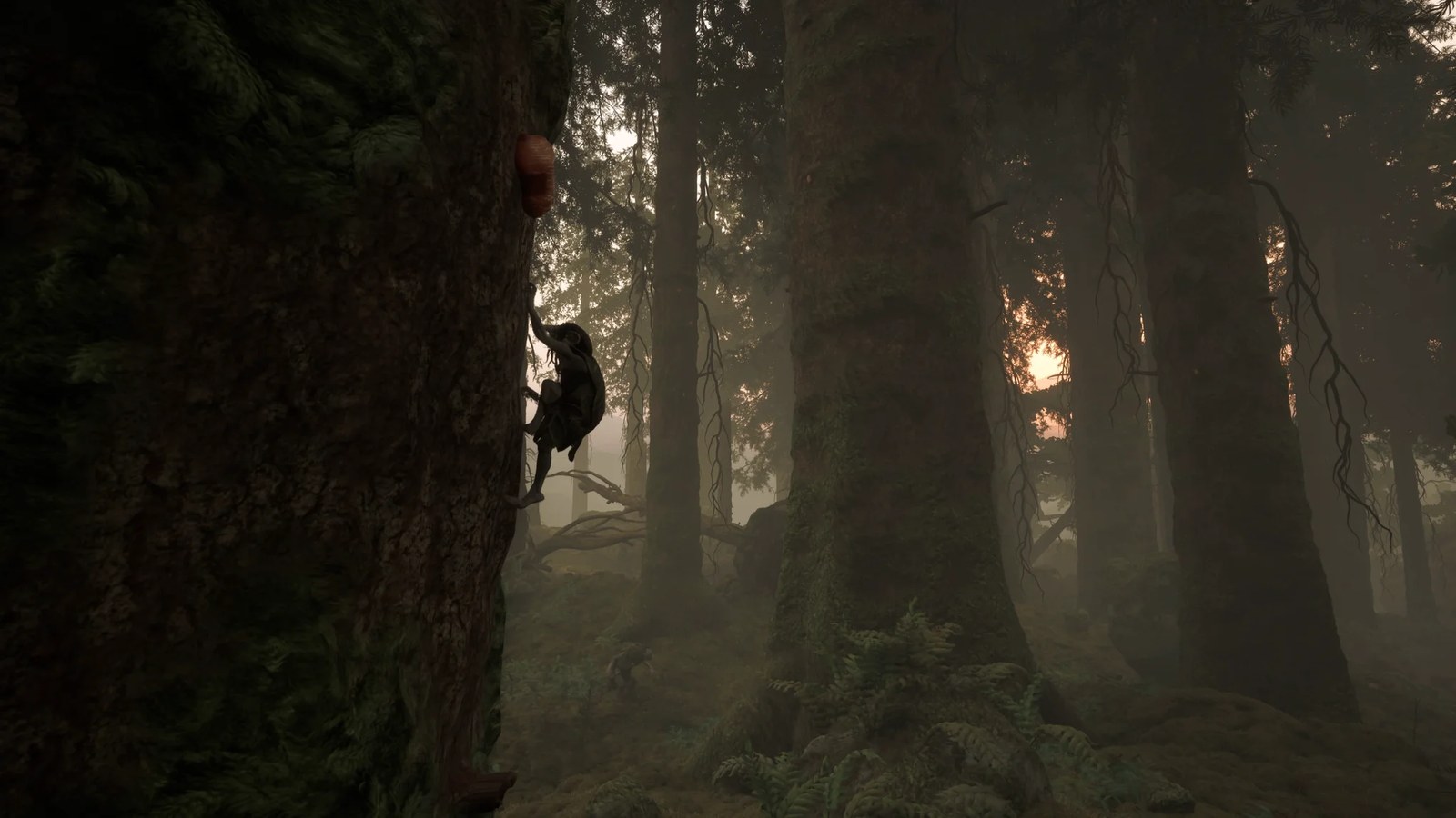 A silhouette of a gnome climbing a huge tree in Trollheim: Gnomes.