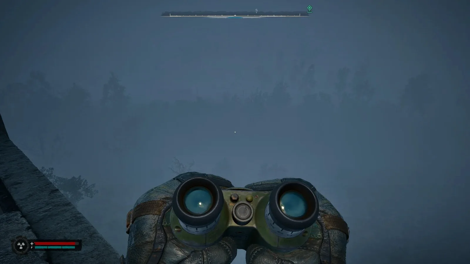 Fog covers the Zone in STALKER 2, with the player looking out some trees from a high vantage point.