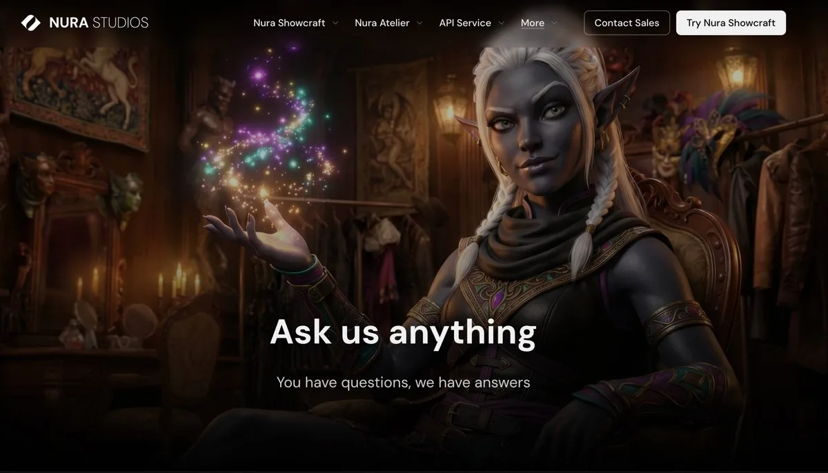 A screenshot from the Nura Studios website showing a clearly AI-generated elven character