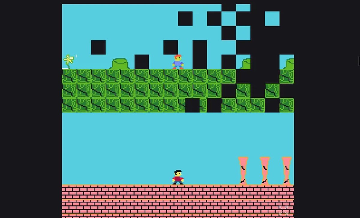 A splitscreen platform game in which one screen is flaking away into blackness, from the poem game Sometimes I Wonder About The Other Me.