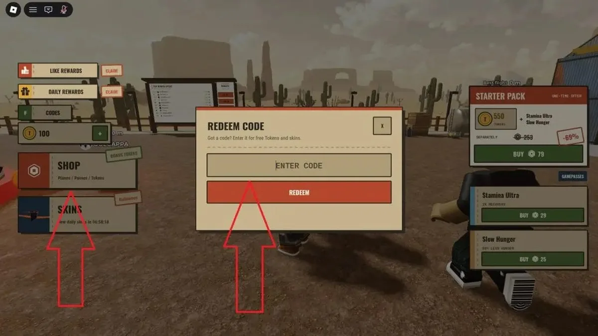 Codes redemption menu displayed in Roblox A Long Flight.