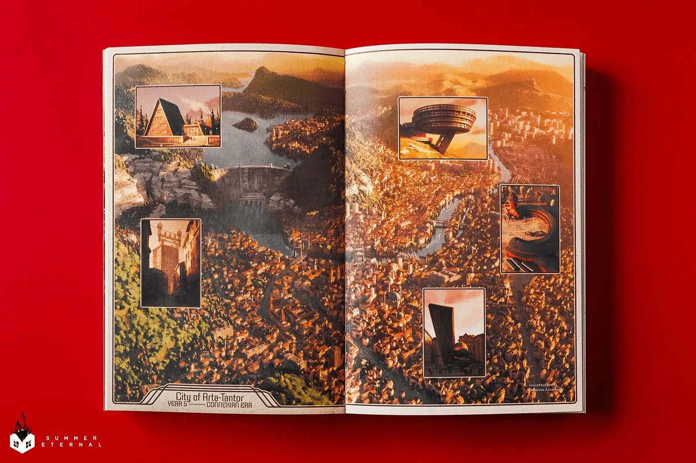 A book spread showing an illustration of a city with particular districts in picture-in-picture view. From the Summer Eternal anthology.
