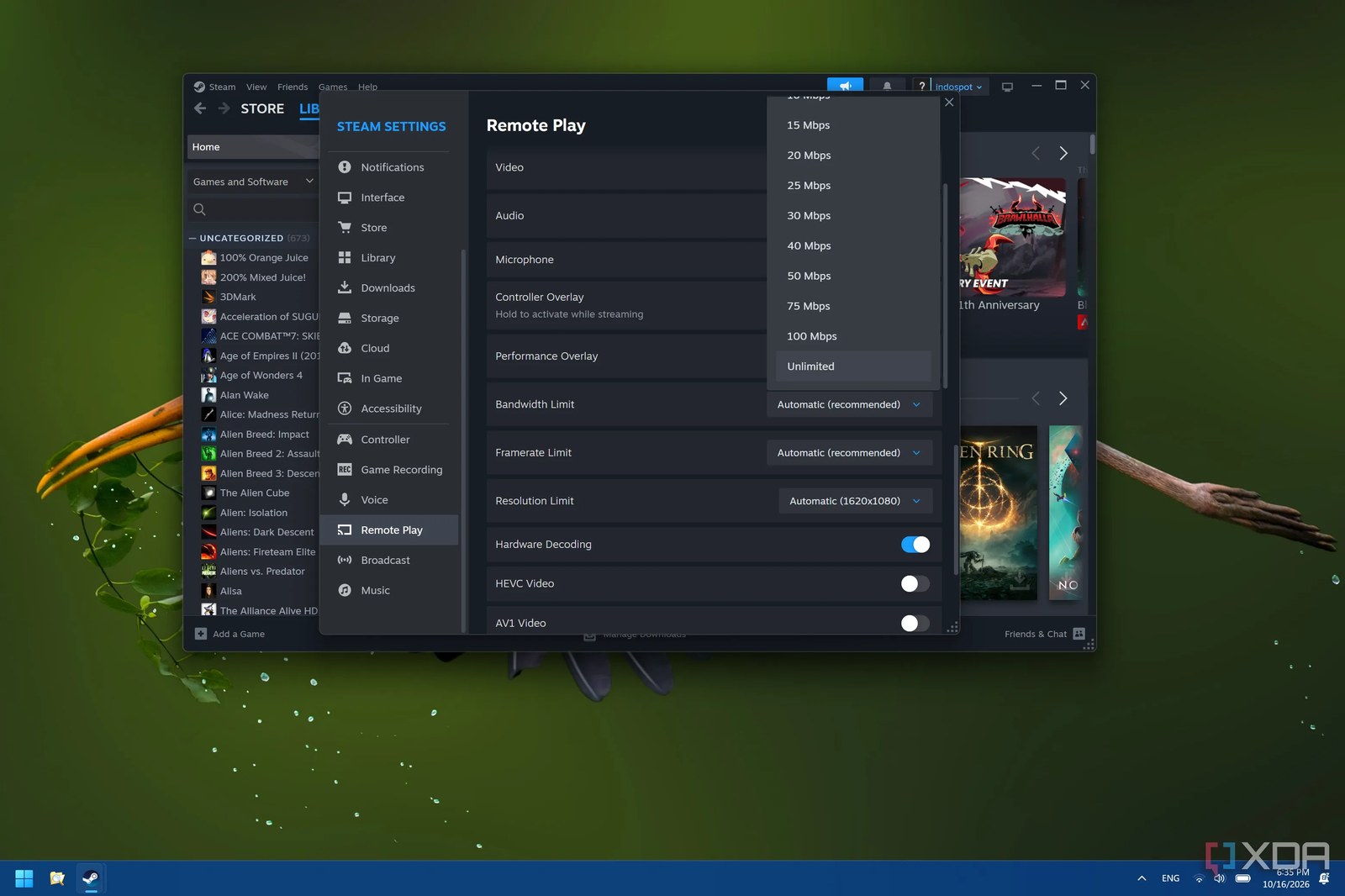Screenshot of Steam Remote Play settings showing bandwidth limit options