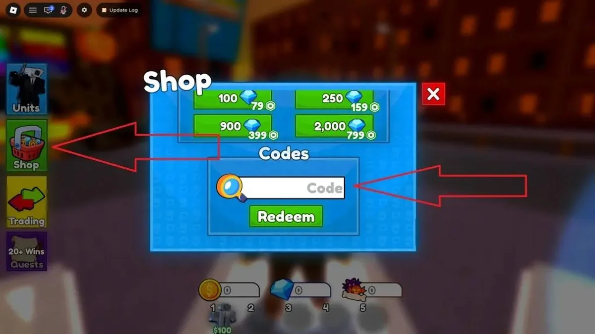 Codes redemption menu displayed in Roblox Cameraman Tower Defense.