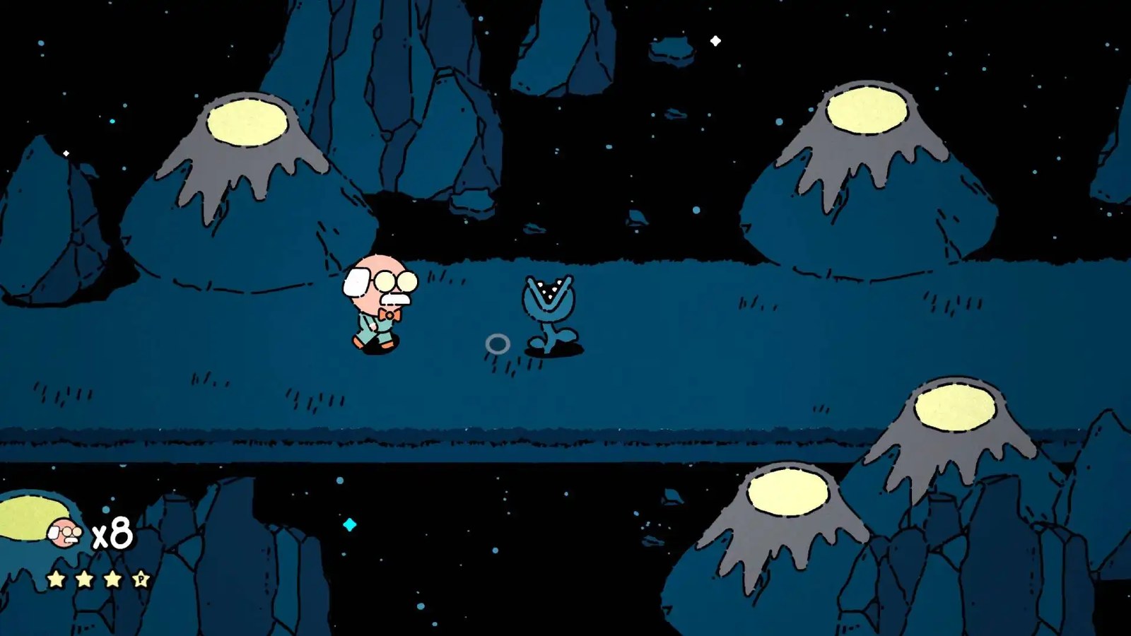 George in Mr. Records approaching a piranha plant at night.
