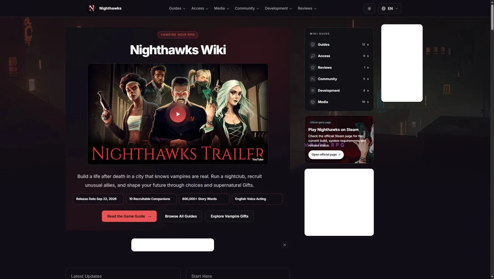 Screenshot of the unofficial, AI-generated Nighthawks wiki showing the main landing page