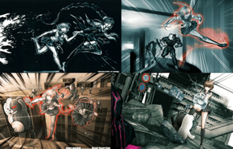 Co-director Shun Sasaki collaborated with a concept artist to brainstorm possible settings. Early ideas emphasized survival game aspects (top left), greater agility (top right), and directly chasing a mastermind villain (bottom left), before they settled on allowing the player to fight the Monokumas (bottom right).