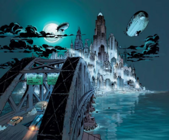 Airships are commonly depicted flying over Gotham City.[36] Art by Jim Lee.