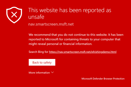 Demonstration of Microsoft Defender Browser Protection on Chrome. Pictured here is the warning that the website in question "has been reported as unsafe".